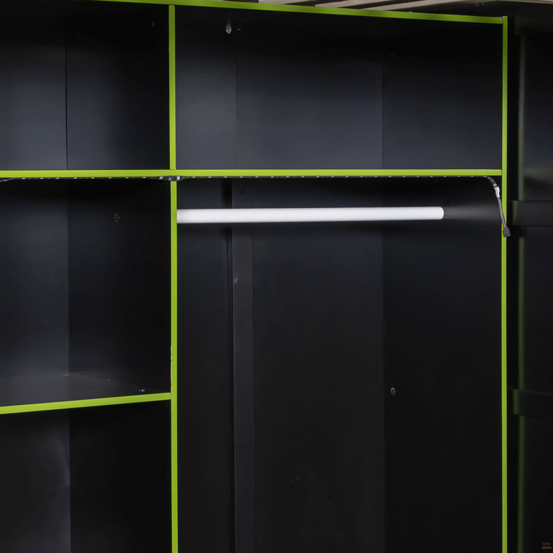 Lit mezzanine double en bois avec bureau, garde-robe ouverte, compartiments de rangement et lumières RVB, vert