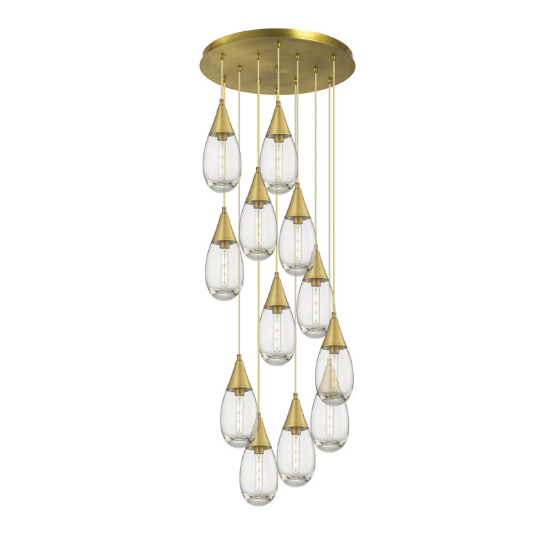 Luminaire suspendu en grappe à 12 lumières, Laiton brossé, Transparent