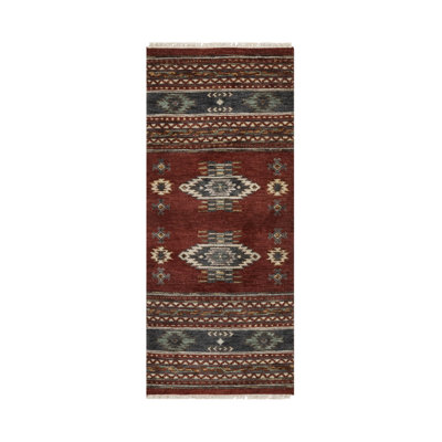 Tapis de couloir oriental rouge 2 pi 7 po x 6 pi 2 po, motif indiens du sud-ouest avec fabrication surpiquée, noué à la main, 100% laine, tapis moelleux et luxuriant