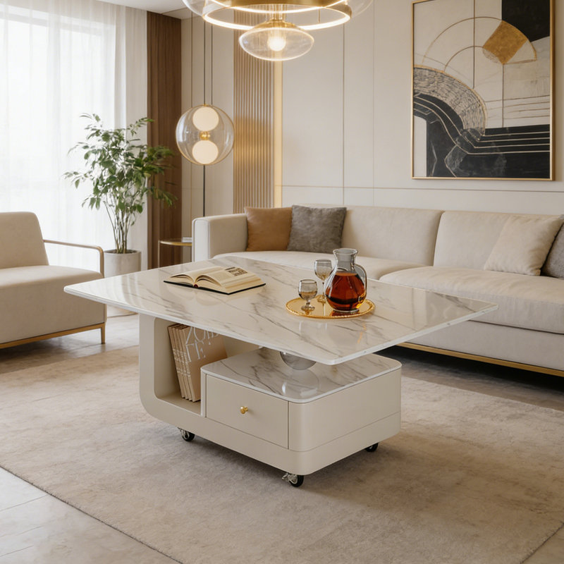 Table basse mobile avec rangement en ardoise, H 17,71 po x L 35,43 po x l 17,71 po, Blanc / gris clair, Blanc
