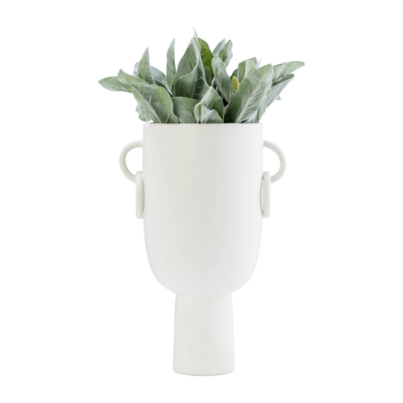 White Ceramic Vase with Handles, 13" H x 9" W x 6" D