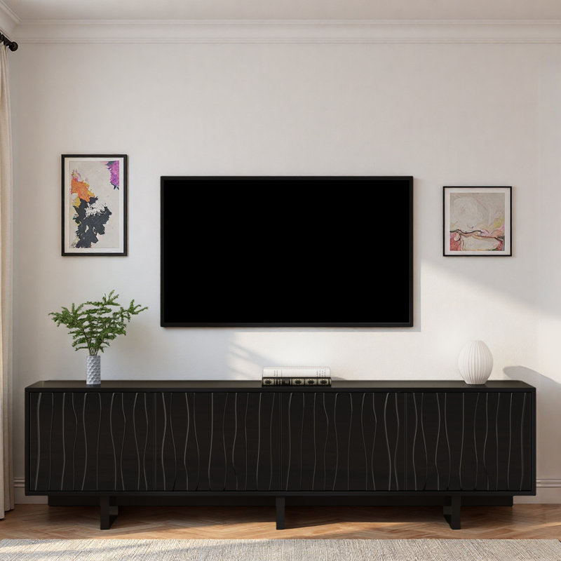 Meuble télé de style rétro avec panneau ondulé, grand espace de rangement et gestion des câbles, Noir