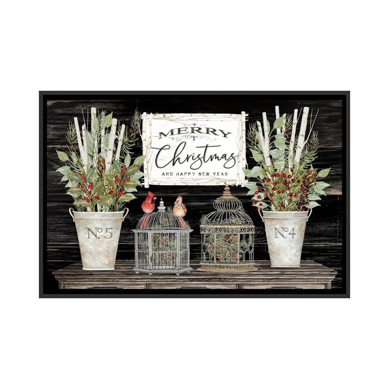 Floral Merry Christmas par Cindy Jacobs-impression d’art graphique, H 18 po x l 26 po x P 1,5 po, Toile avec cadre noir