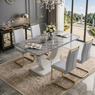 Ensemble de salle à manger moderne en faux marbre 63 "avec base en U et 4 chaises en porte-à-faux Modern Glam