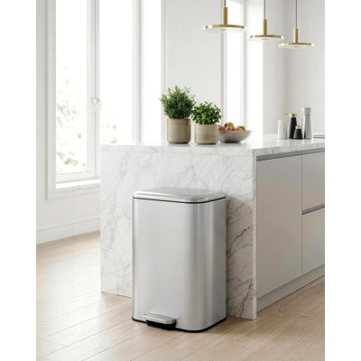 13 Gal Silver Stainless Steel Kitchen Trash Can, Soft Close Lid, Rectangular Step Bin, Fingerprint Proof