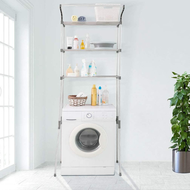 Étagère de rangement à 3 niveaux avec tringle suspendue pour l'organisation de la salle de lavage et de la salle de bain au-dessus de la toilette ou de la machine à laver