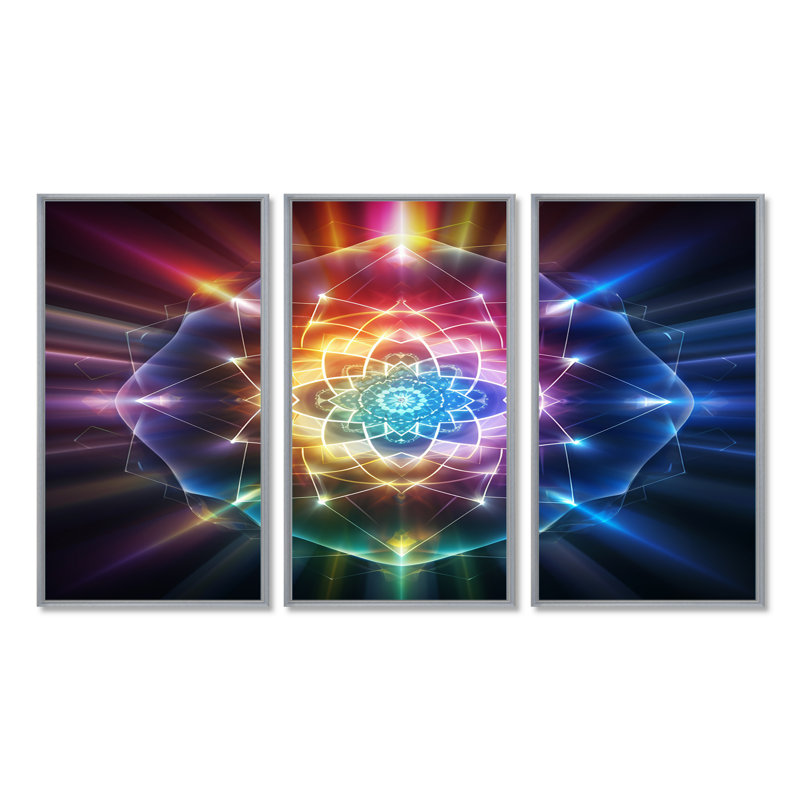 Mandala arc-en-ciel magique - ensemble de salon d'art mural géométrique, Encadrement argenté, H 28 po x l 36 po x P 1 po
