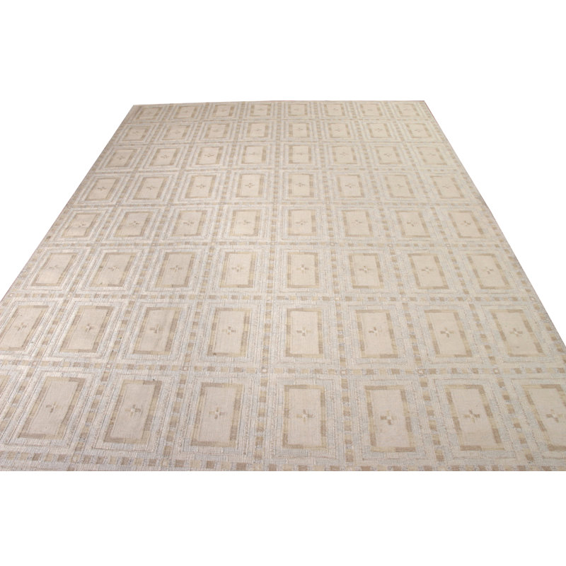 Scandinavian Hand Knotted Wool Geometric Area Rug, Rectangle 10' x 14'