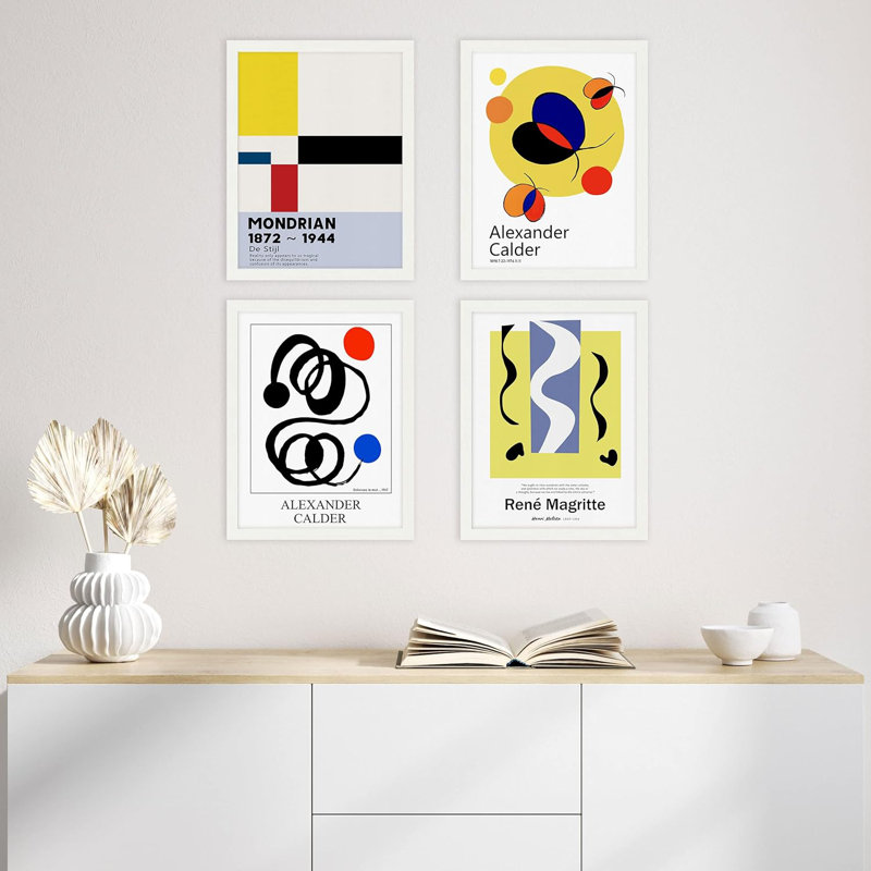 Alexander Calder Mondrian Expositions, reproduction d'art encadrée sur papier, 4 pièces, H 14 po x l 11 po x P 1 po, Blanc