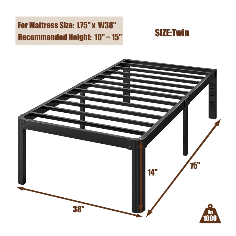 Cadre de lit plateforme en métal Jalyna de 35,5 cm (14 po) avec coins arrondis, sans sommier, silencieux, format simple, 14"