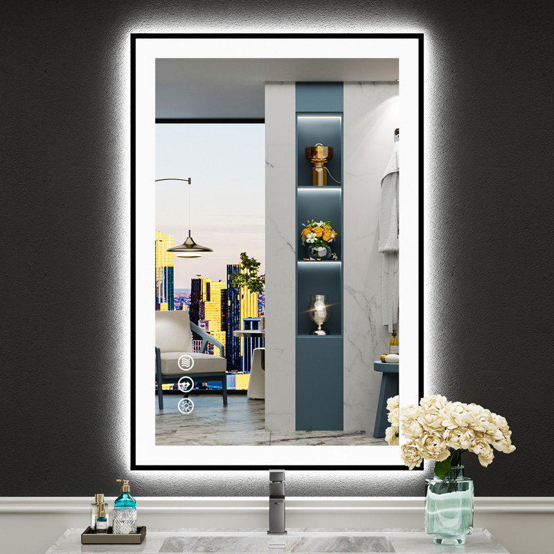 Matte Black Matel Framed Vanity Mirror with Lights, Front-lit and Back-lit, Memory Function, 3 Colour Temperatures, Dimmable Light & Anti-fog Tempered Glass ETL Listed LED Mirror