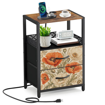 Table de chevet 2 tiroirs en tissu avec station de charge Vintage Floral Red