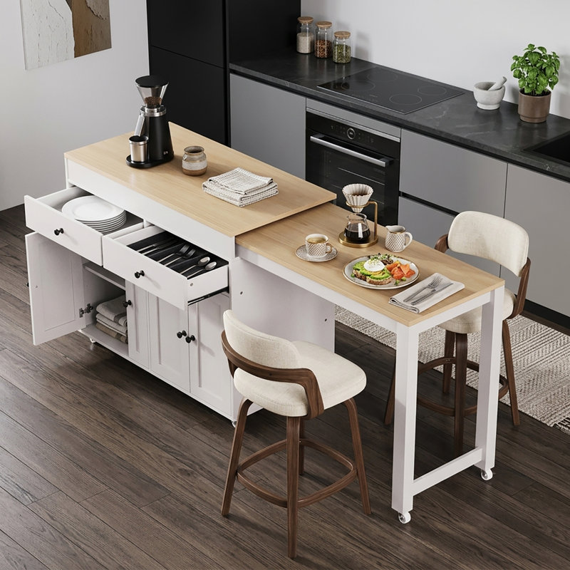 Îlot de cuisine à roulettes blanc de 189 cm (74,5 po) avec table à manger extensible, tablette à épices, 2 tiroirs et armoire à 4 portes