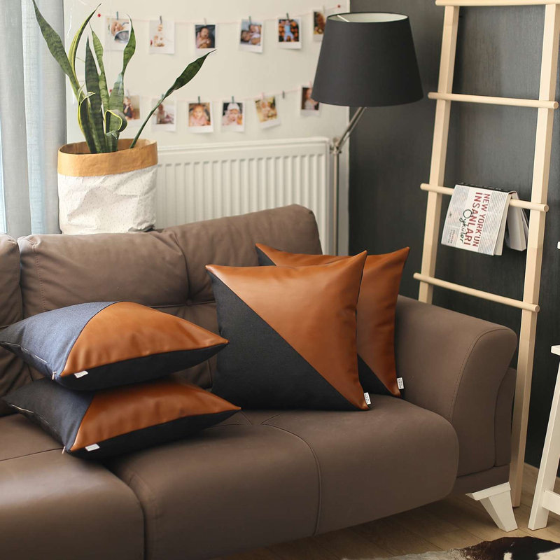 Ensemble de 4 housses de coussin lombaire en similicuir, Noir / brun