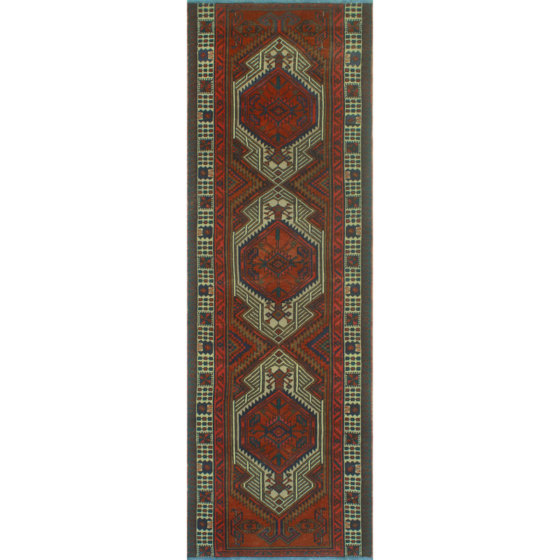 One-of-a-Kind 3'4" x 10'5" 1980s Runner Wool Area Rug in Beige and Blue