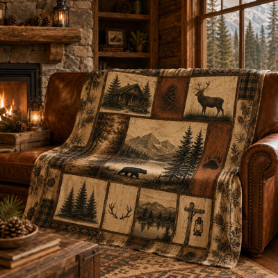 Vintage Lodge Wildlife Flannel Blanket with Bear, Elk, Cabin, Pinecones and Mountain Lake, Rustic Patchwork Throw for Couch Bed Cabin Retreat, 40 x 50 in