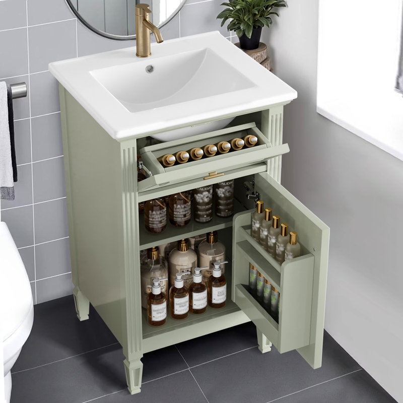Meuble-lavabo de 20 po avec lavabo, pieds en bois massif, tiroir inclinable et armoire autoportante pour petite salle de bain