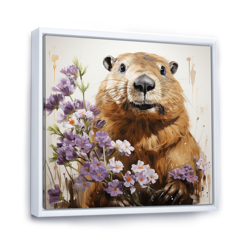 «Brown Tranquil Wetland Beaver Blooms», art mural animaux, Cadre flottant blanc, H 36 po x l 36 po x P 1,5 po