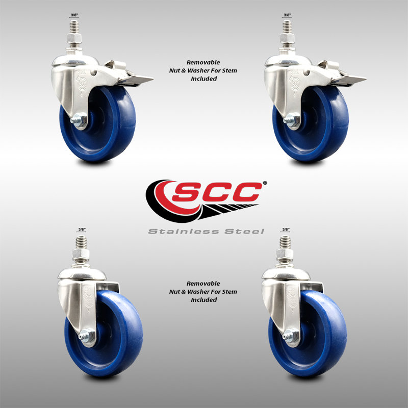 4 Inch 316SS Solid Polyurethane 3/8 Inch Threaded Stem Caster Set 2 Lock Brake