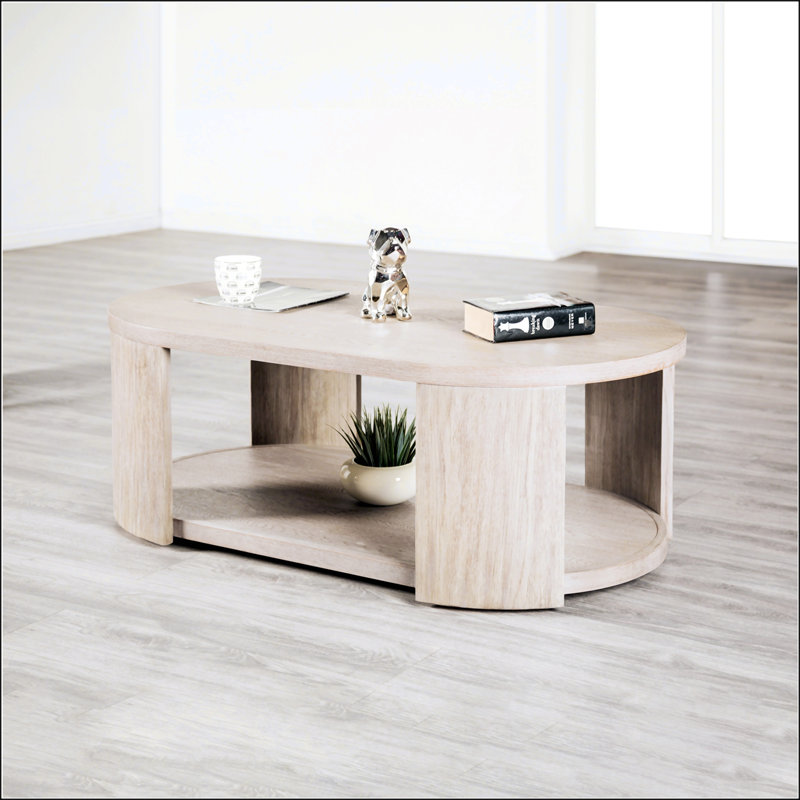 Table basse ovale de style moderne avec roulettes, rangement ouvert et structure en bois d'hévéa durable au fini chêne