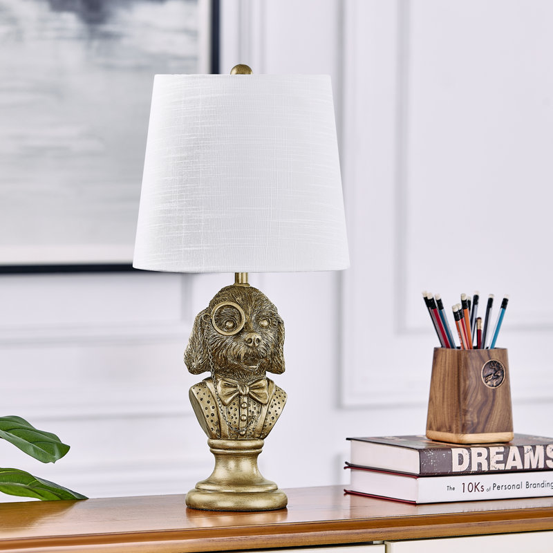 Lampe de table buste en résine dorée 20 "avec abat-jour en lin, Doré, Blanc