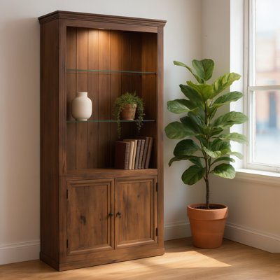 Vitrine 78,89 pouces à quatre niveaux de style maison de campagne avec lumière DEL chaude, tablettes en verre réglables et portes d'armoire, couleur brune.