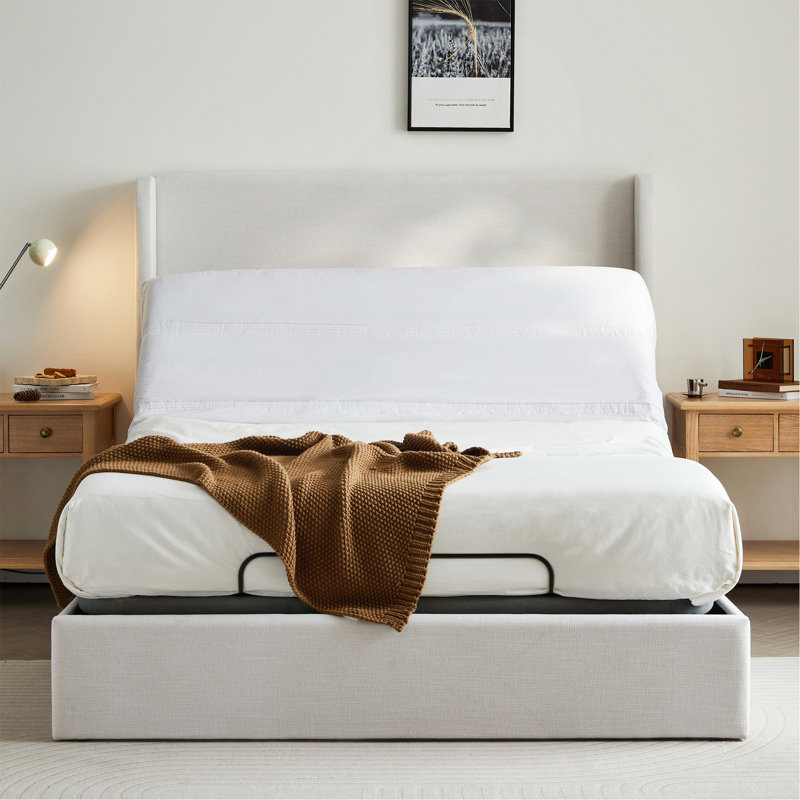 Caron Upholstered Wingback Bed With Adjustable Base Bundle Set, Queen Size / Textured Ivory Canvas Chenille, Head & Foot Incline, Zero Gravity, Massage, App & Remote Control, Easy Assembly, No-Noise