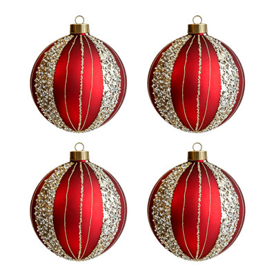 4.7 Inch Matte Red Glass Christmas Baubles Set Of 4 Vertical Striped Gold Sequin Glitter Inlay Metal Hanging Cap Tree Ornaments For Indoor Christmas Holiday Home Party Decoration