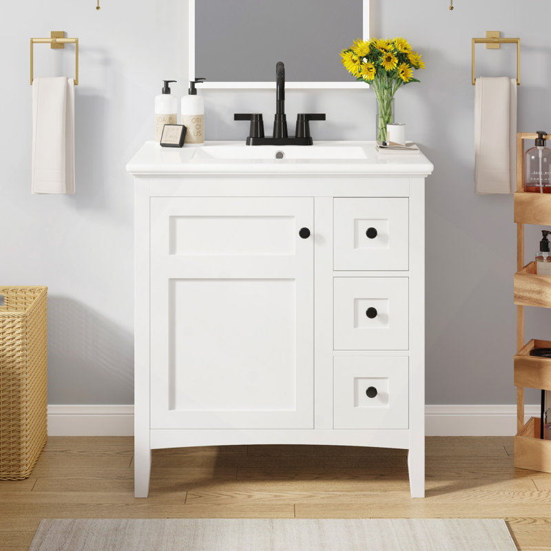Meuble-lavabo moderne de 30 po avec lavabo en céramique, 3 tiroirs, meuble de rangement moderne en bois massif, idéal pour la maison