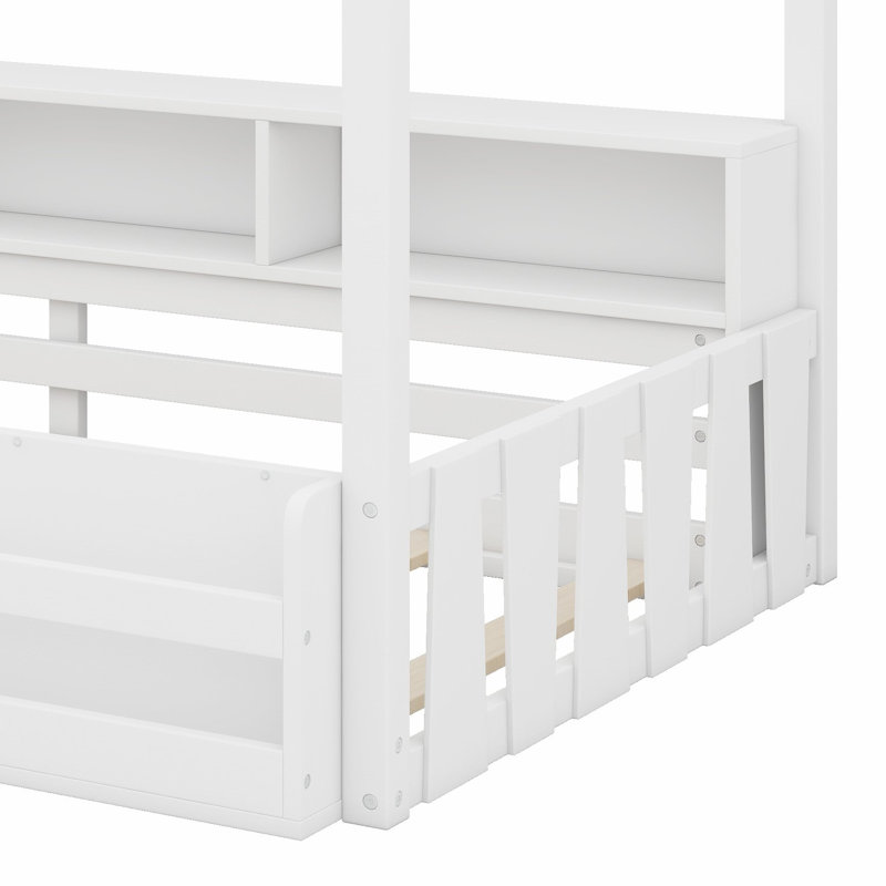 Structure de lit Montessori avec clôture, tablette et auvent pour chambre d'enfant, Lit simple, Blanc