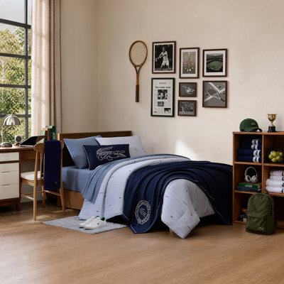 Lacoste Logo Stripe 100% Cotton Comforter Set, Soft Breathable All-Season with Embroidered Crocodile, Twin 2-Piece Navy