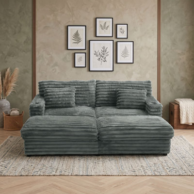 Double Chaise Lounge Sofa Bed with Plush Faux Rabbit Fur Upholstery, Dual USB Ports and Built-In Cup Holders