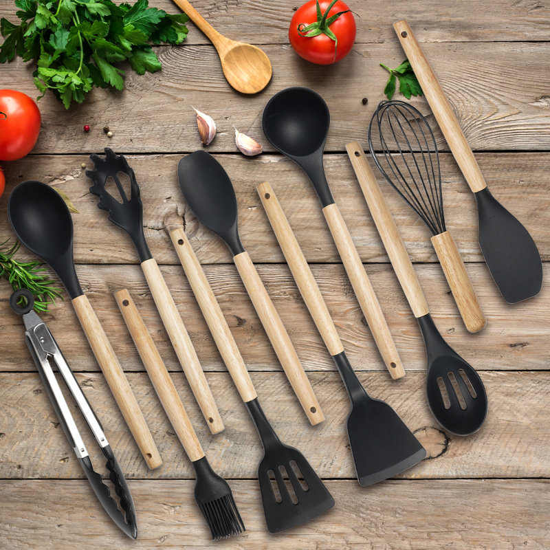 12-piece Siliware Kitchen Utensil Set In Black With Wooden Handles & Holder, Non-scratch And Heat-resistant For Non-stick Cookware
