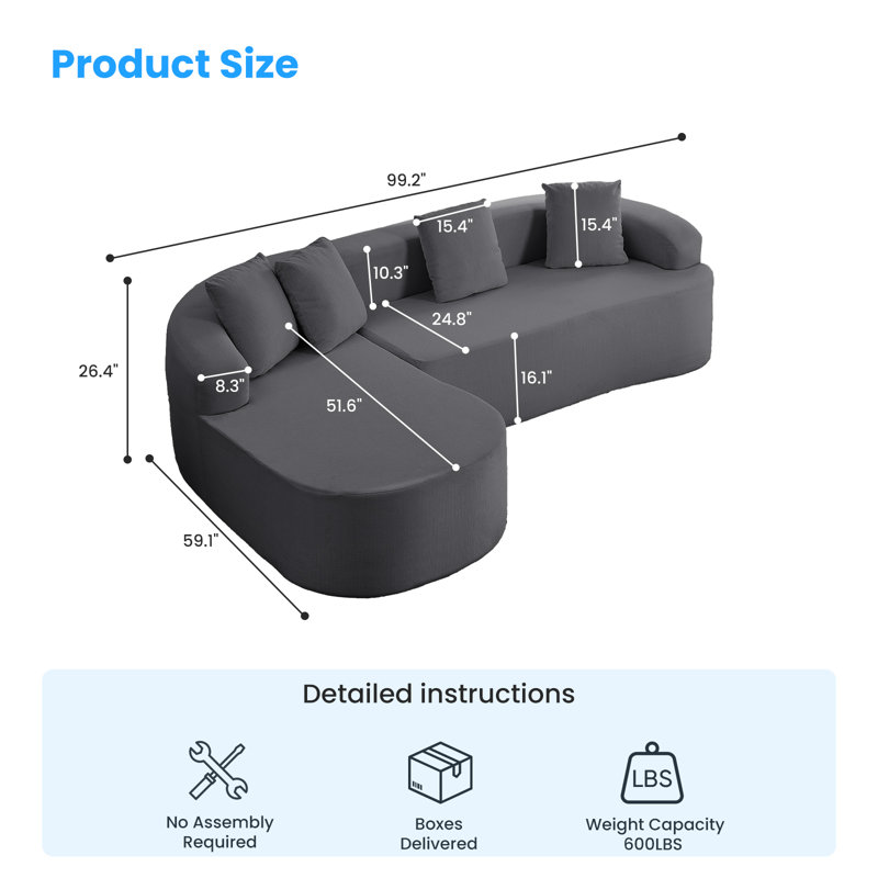 Causeuse incurvée 59 po avec tissu chenille et 4 coussins, Gris foncé