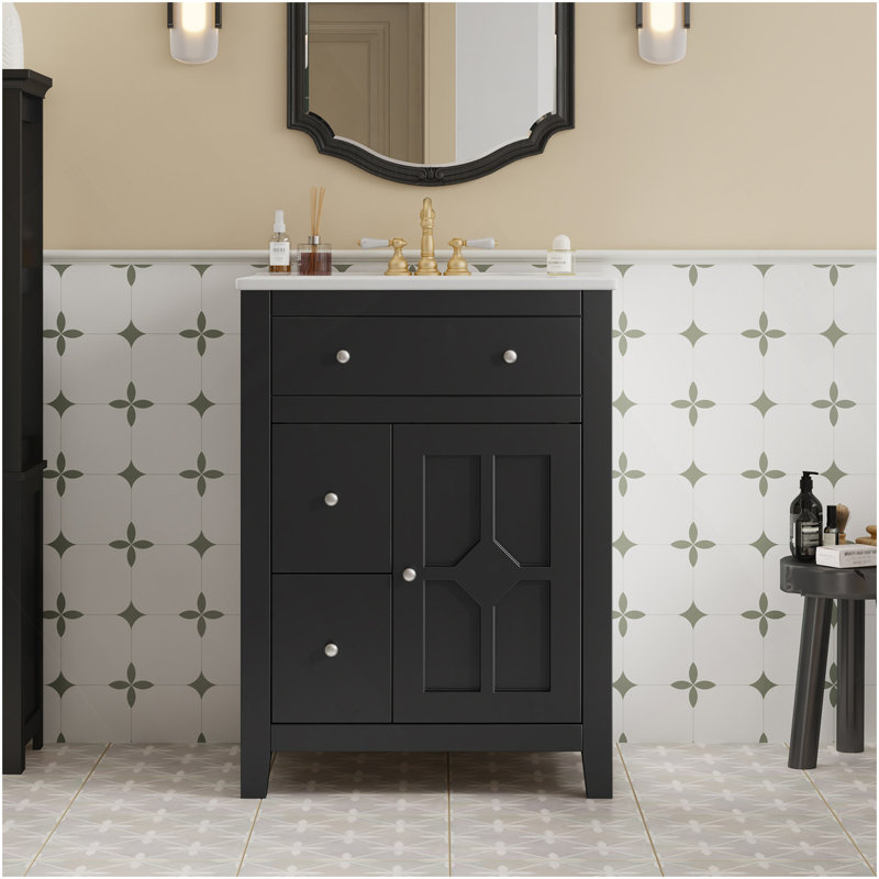 Meuble-lavabo moderne 24 po avec lavabo en céramique, meuble-lavabo pour salle de bain à 2 tiroirs, Noir