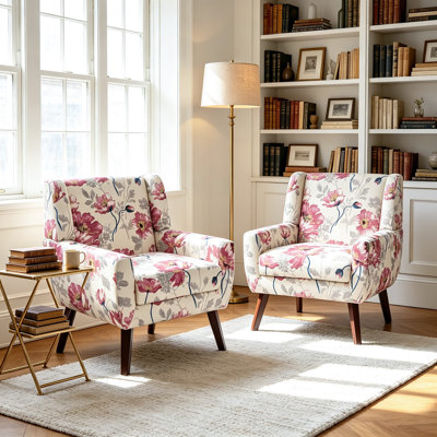 Davey Upholstered Pattern White Linen Blend Tufted Wide Back Armchair with Solid Wood Leg