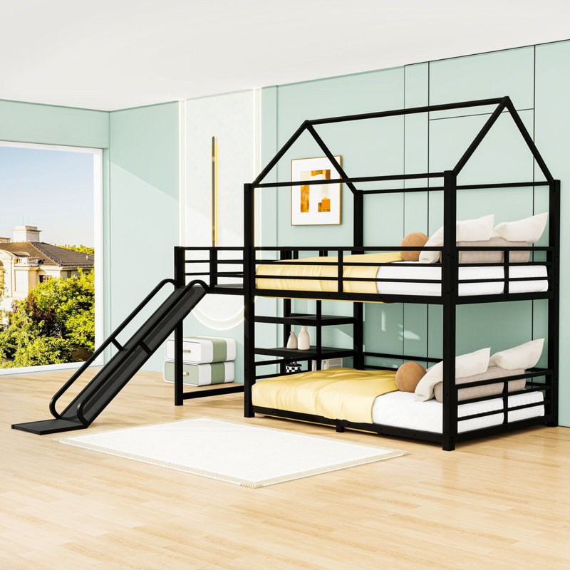Metal Bunk Bed with Slide and Shelves, Full Over Full