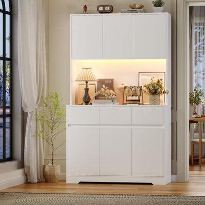 Aybike 71" Tall Kitchen Pantry Cabinet with Charge Station & LED Light, Freestanding Food Pantry with 4 Cabinets, 3 Drawers & Microwave Shelf, Kitchen