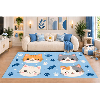 Tapis « Ultra Fin » 152 x 213 cm (5 pi x 7 pi) Bleu à motifs de chats mignons, chatons de dessin animé avec empreintes de pattes et poissons pour salon ou chambre d'animaux, dos en silicone antidérapant, poils Bas.