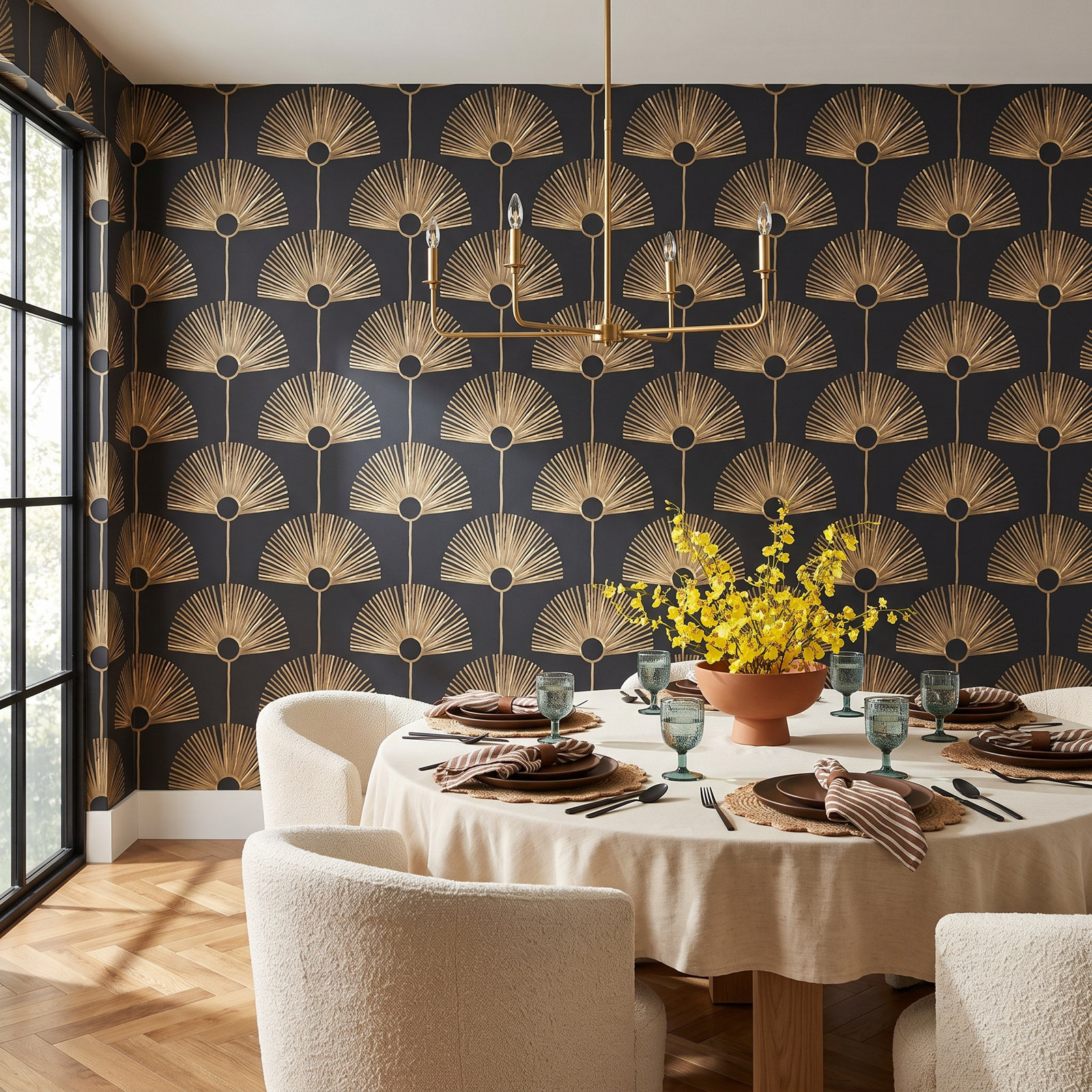 Deco Fan Self-Adhesive Wallpaper, Black Gold, Non-pasted, Paper