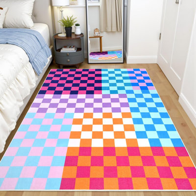  Checkered Rug For Living Room Bedroom, Soft Washable Area Rug With , Stain Resistance Carpet For Room Entryway Kitchen Dorm
