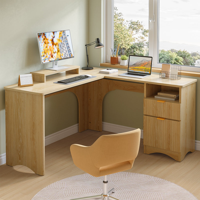 Derick 55.7'' W L-Shaped Computer Desk with File Drawer and Drawer Pedestal, Log