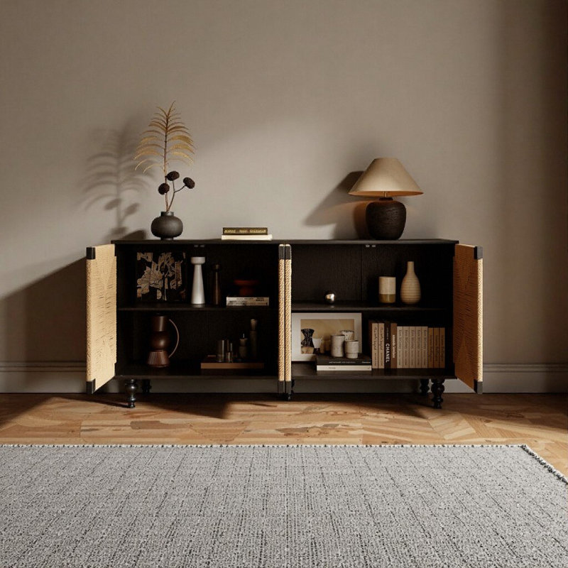 Seagrass & Black Woodgrain Sideboard with Handwoven Doors - Natural Boho Storage Cabinet for Dining Room, Entryway