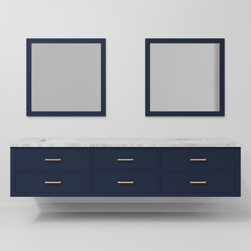 Ensemble de meuble-lavabo double mural 84 "avec miroir Castor, Bleu, Marbre de Carrare blanc