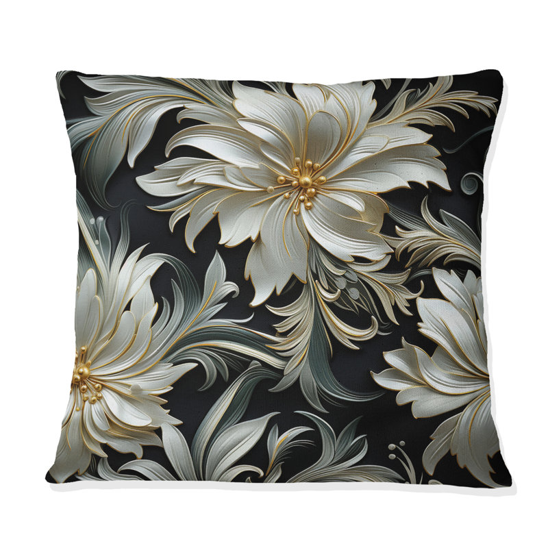 Coussin décoratif à motif floral exotique gris et noir, H 18 po x l 18 po