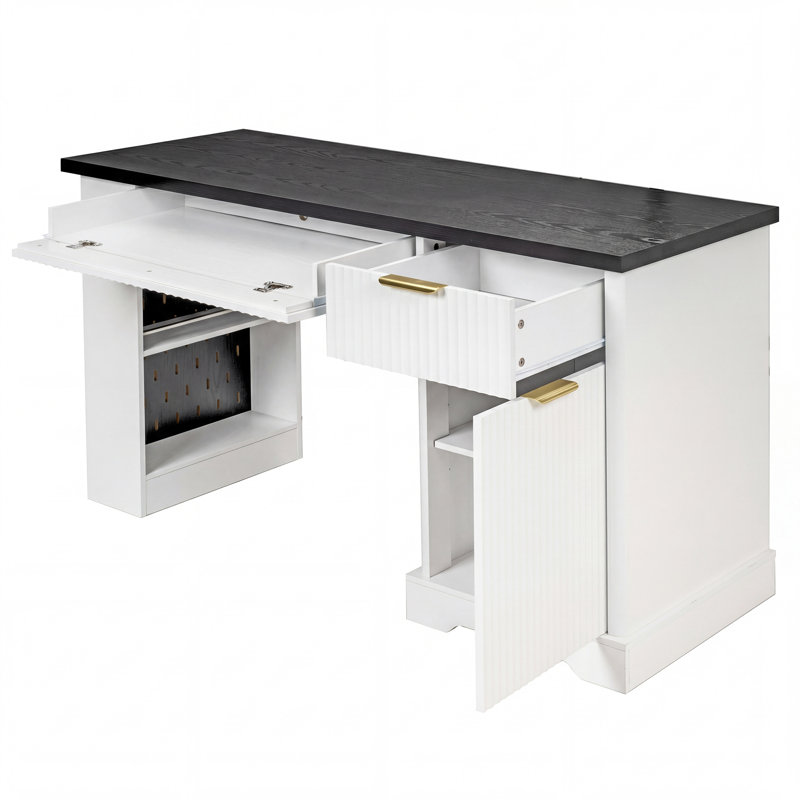Bureau de rangement cannelé moderne de 55 po avec prise de courant et plateau pour clavier, Blanc