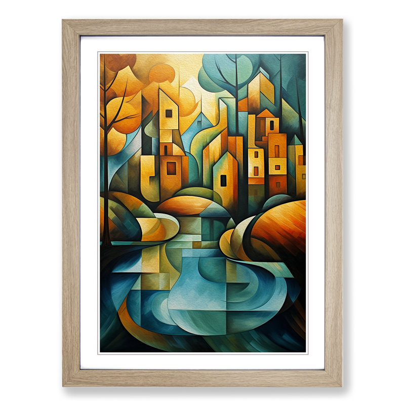 River Cubism - Single Picture Frame Print on Wood, Oak, 64cm H x 46cm W x 2cm D