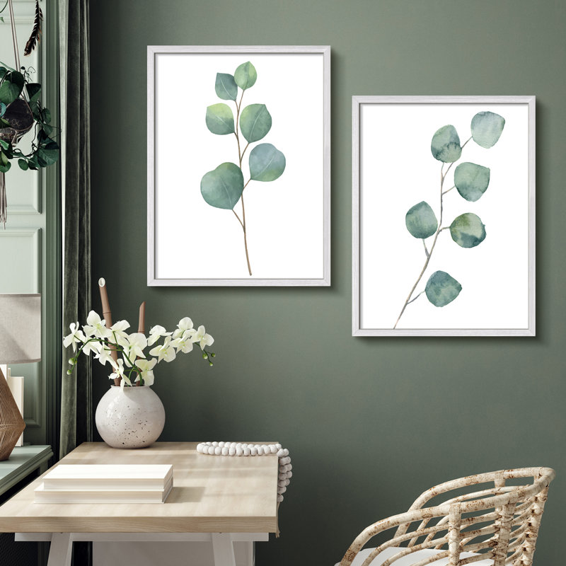 «Green Plants Botanical Minimalist Modern», impression encadrée, affiches, salle de bain, petit art mural, Blanc / Blanc