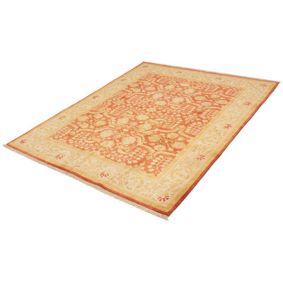 Tapis d’intérieur en laine beige/orange 7 pi 10 po x 10 pi 1 po one-of-kind à la main-noué la 2010 ushak Herlef