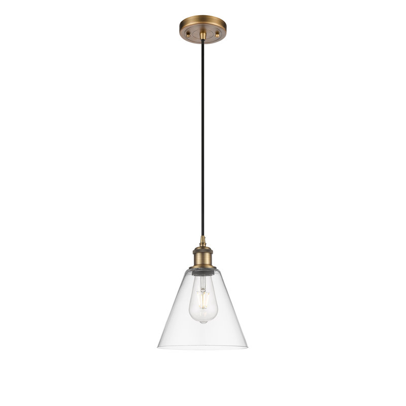 Luminaire suspendu conique à 1 lumière Halyn, H 11,75 po x l 8 po x P 8 po, Transparent, Laiton brossé